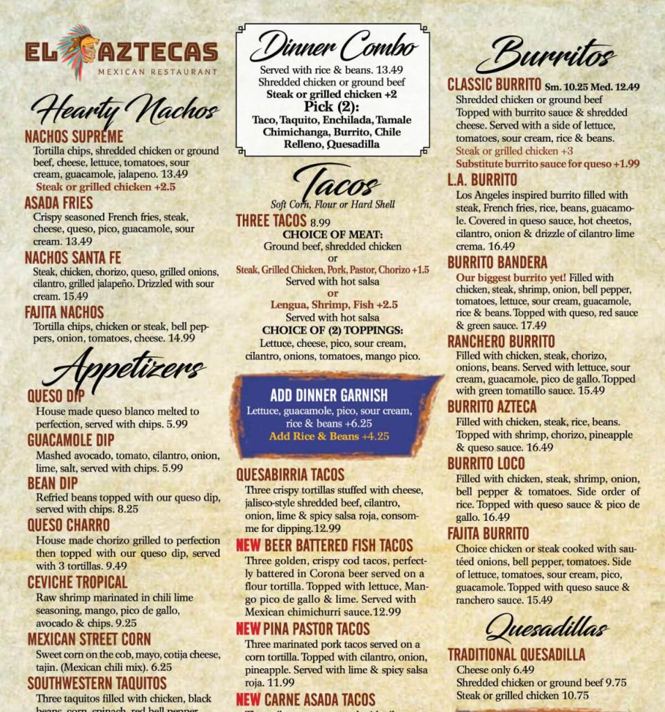 El Aztecas Mexican Restaurant Dinner Menu 2025 - cropped